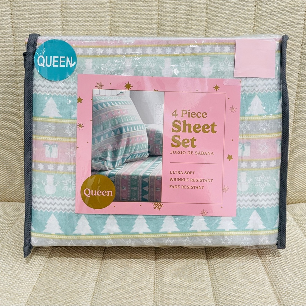 NEW Queen 4 Piece Sheet Set Winter Fun Stripe Christmas‎ Snowman Trees Mint Pink